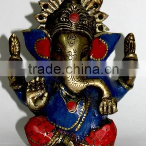 BRASS GANESHA STATUE W/LEPIS & CORAL thumbnail-1