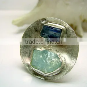Aquamarine & Blue Kyanite Rough Natural Gemstone Ring, 925 Solid Sterling Silver Ring, Designer Raw Bowl Shaped Ring thumbnail-4