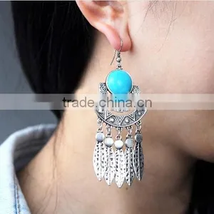 New Summer Style Ginasy Silver Geometry Turquoise Leaf Drop Tassels Dangle Earrings thumbnail-1