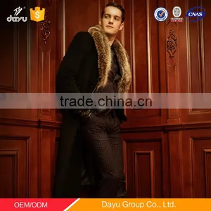 Luxury and Big Raccoon Fur Collar 100% Woolen Jacket Super-long Black Cashmere Woolen Jacket thumbnail-1