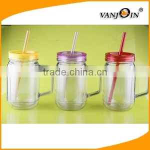 Custom Plastic Mason Jars Bottles With Straw and Handle thumbnail-1
