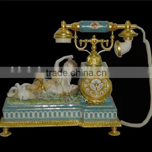 Antique Curio Ceramic Telephone Table Clock, Gold Plated Brass Footed Desk Clock, Collectable Home Decorative Table Clock thumbnail-2