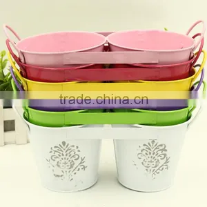 Connected Double Colourful Cartoon Style Metal Flower Bucket /planter/pot With Handle thumbnail-1