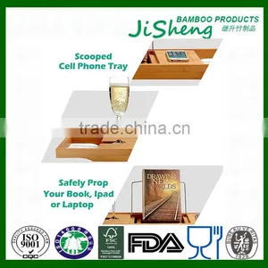 100% Bamboo Bathtub Caddy With Extendable Sides, Cellphone Tray & Integrated Wine Glass Holder thumbnail-4