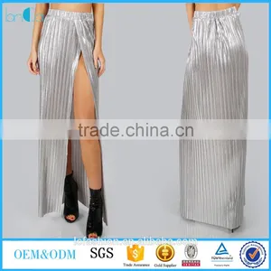 Long Split Women Pleated Long Skirt Sliver Color High Waist Maxi Skirt New Arrive thumbnail-1