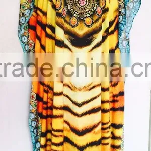 Long Satin Digital Crystal Embellished LLEOPARD PRINT Kaftan CAFTAN Tunic Poncho Blouse thumbnail-1