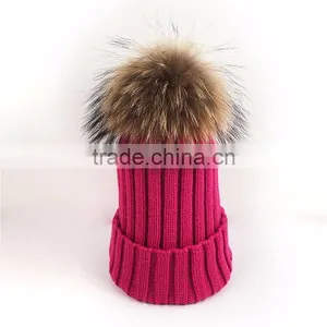 Myfur Hot Pink Ladies Winter Fashion Wool Knitting Hat With Dyed Raccoon Fur Bobble thumbnail-1