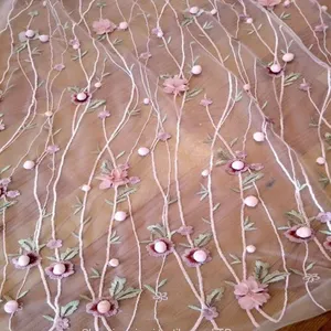 Cheap Pink Net Embroidered Handmade Beaded Fabric Lace thumbnail-1