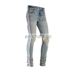 DiZNEW Dirty Indigo White Side Broken Track Ripped Denim Jeans Men thumbnail-2