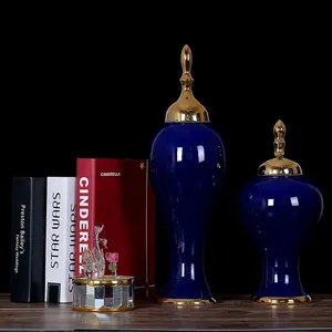 Modern Simple Jingdezhen Gild Large Blue Ceramic Plant Vase For Shopping Mall Decor thumbnail-1