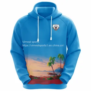 Customized Sublimation Blue Hoodie With Coconut Tree and Sea Pattern thumbnail-1