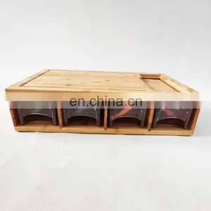 Multi-functional Fruit & Vegetable Tool Natural Juice Grooves Bamboo Cutting Board With Drawers And 4 Container Tray, thumbnail-4