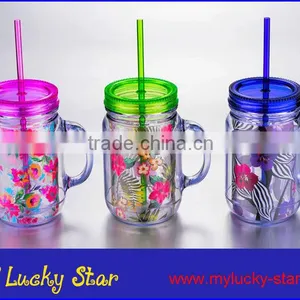 BPA Free 20oz Plastic Mason Jar With Handle and Straw and Beautiful PVC Inserts thumbnail-1