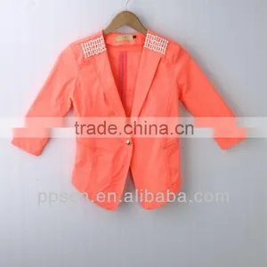 Fashion Spring Neon Color Ladies'casual Tail Suit,fashion Ladies'jacket With Pearl on Shoulder and Accessory Zipper on Back thumbnail-1