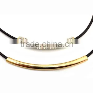 Fashion Two Strands of Synthetic Leather Two Gold Plated Tube Design Necklace thumbnail-2