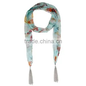 2015 New Design Functional Butterfly Print Scarf, Summer Flower Tassel Scarf thumbnail-1