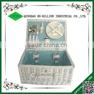 Mini White Wicker 100% Hand Woven Willow Picnic Basket for 2 Person thumbnail-1