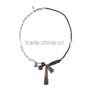 Geometric Wood Bead Rubber Strip Pendant Necklace Velvet Leather Tassel Necklace Chain Linked Suede Leather Necklace thumbnail-5