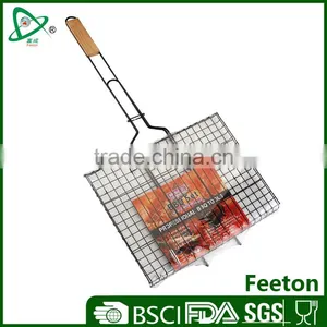 Non-stick Coated Mental Wire Grill Basket for Barbecue With Wooden Handle thumbnail-1