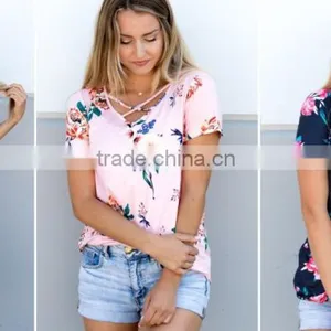 Customize t Shirt Cheap Criss Cross Fancy Floral Tunic Tops thumbnail-6