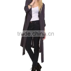 Fashion Modern Apparel Women Trendy Turkey 3/4 Sleeve Plain Spring Winter Coat Charcoal Sheer Trench Long Coat thumbnail-5