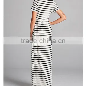Elegant Long Nightgowns Black & White Stripe Short Sleeve Hidden Pockets Scoop Neck Gown Dresses Evening Muslim Dress Maxi thumbnail-6