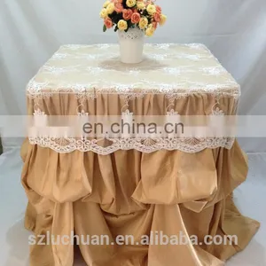 Champagne Satin and Lace Banquet Gathered Table Skirts thumbnail-4