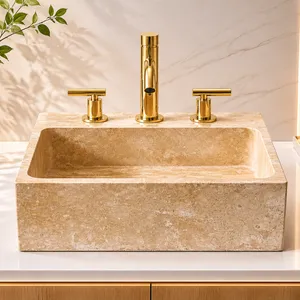 High Quality Rectangular Travertine Marble Factory Custom Vessel Sink Handmade Stone Vanity Bathroom Basin Hotels Villas Garden thumbnail-1