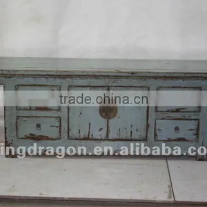 Chinese Antique Furniture Pine Wood Blue Four Drawer Two Door Cabinet thumbnail-1