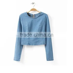 2014 European New Arrivals Sexy Denim Tops Fashion Style Short Tops With Long Sleeves thumbnail-4