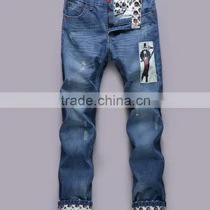 2014 Lastest Design Long Low Waisted Ripped Men Jean Wear Printed Washed Wholesale Popular Blue Men Jean Pants Trouser thumbnail-6