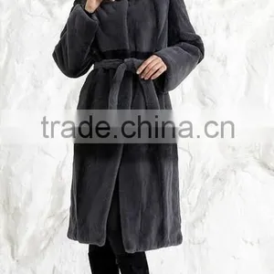 Rex14069 Knee-length Rex Rabbit Fur Coat Belt Gray thumbnail-1