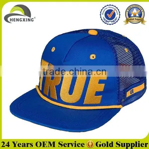 Blue Embroidery Logo Custom Flat Brim 5 Panel Mesh Trucker Cap thumbnail-1