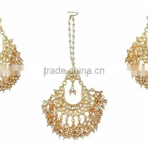 Kundan Jadau Earring Tikka Gold Plated Chand Bali Set thumbnail-1