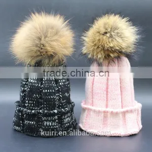 Factory Supply 2016 Thicken Woman Knited Beanie Hat With Large Size 15 cm Raccoon Fur Poms Wool Caps thumbnail-1