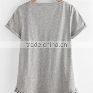 Plain White and Grey Pure Cotton Roll Cuff Ruffle Trim Slub T-shirt thumbnail-6