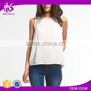 Guangzhou Shandao Supplier Latest Model Casual New Design Sleeveless Net Collar White Chiffon Women Top 2015 thumbnail-1