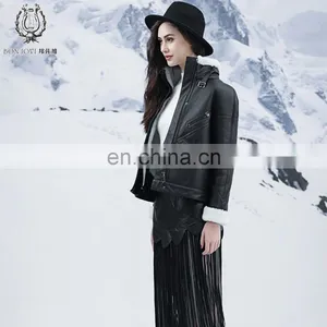 Cool Style Black Genuine Leather Jacket Women's Merino Sheepskin Fur Coat Punk Real Fur And Leather Jacket thumbnail-5