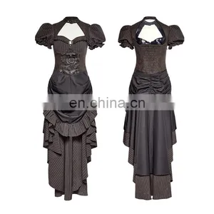 Steampunk Punk Rave Black Brown Short Puffed Sleeves High-low Long Dress Q-315 thumbnail-1