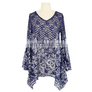 Latest Diamond Blue Flared Sleeve V Neck Floral Print Peplum Hem Blouse thumbnail-1