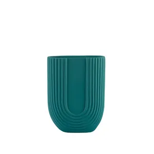 U-Shaped Geometric Stripes Morandi Color Green Ceramic Vase For Dried Flower Arrangement thumbnail-5