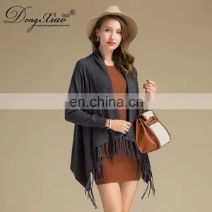 Latest Design Ladies Poncho With Tassel Solid Color Long Sleeves Cashmere Knitted Sweater for Autumn Short Length With Logo Back thumbnail-2