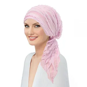 Wholesale Ramadan Stripe Crinkle Turban Hijab Hats Beanie Long Tail Head Wraps Elastic Muslim Hats Breathable Chemo Cap For Women Girls thumbnail-1