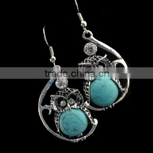 New Arrival Fashion Bohemia Owl Silver Plated Turquoise Pendant Alloy Earrings thumbnail-4