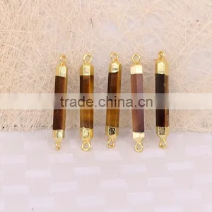 Natural Tiger Eye Gem Stone Connector Beads, Gold Plated Edged Thin and Long Druzy Stones For Jewelry Making thumbnail-3
