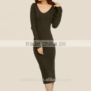 2016 Customized Manufactorying Korean Style Long Sleeve V Neck Knitted Ladies Dress thumbnail-5