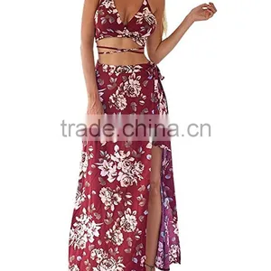 Women's Boho Bandage Crop Top Long Skirt Floral Print Maxi Dress thumbnail-3