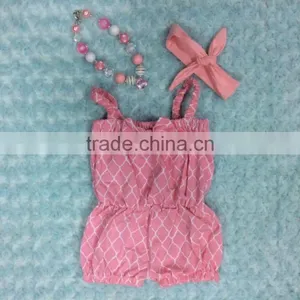 2015 Baby Girls Pink Quatrefoil Cotton Romper With Matching Necklace and Headwarp Set thumbnail-1