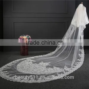 2017 Wholesale New Grance Long Lace Bridal Wedding Veil Long Tulle Emboried Lace Bridal Wedding Veils HL12 thumbnail-5