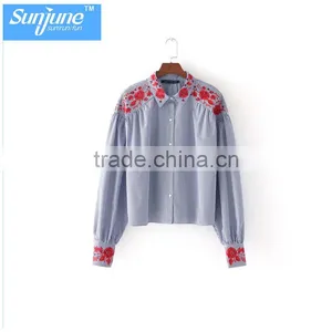 High Quality Womens 100% Cotton Long Sleeve Embroidery Strip Shirt thumbnail-1